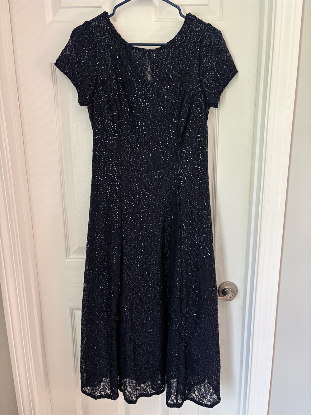 Macy's Navy Sequin Lace Midi Dress with Short Sleeves